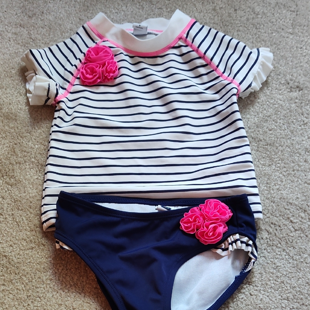 Janie and Jack Navy Striped Rash Guard Bikini with Pink Flower Accents